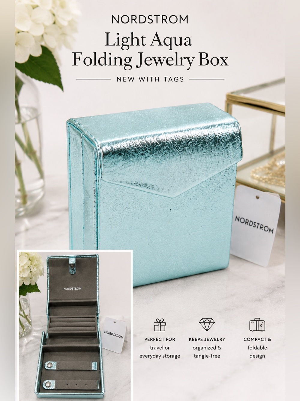 Nordstrom NWT Metallic Aqua Travel Jewelry Organizer Case Foldable